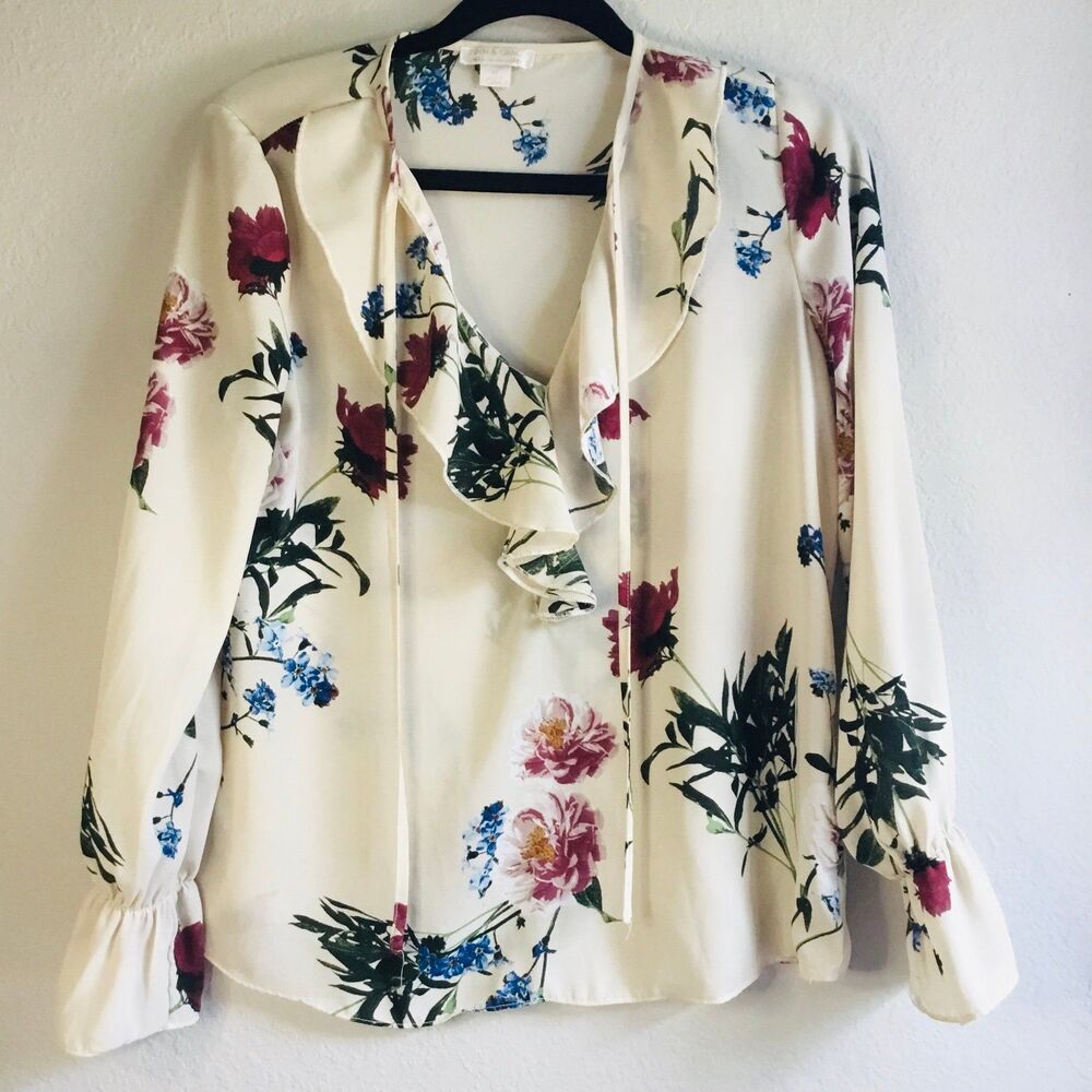 Finn & Grace cream ruffle blouse sheer floral floaty fairycore cottagecore S